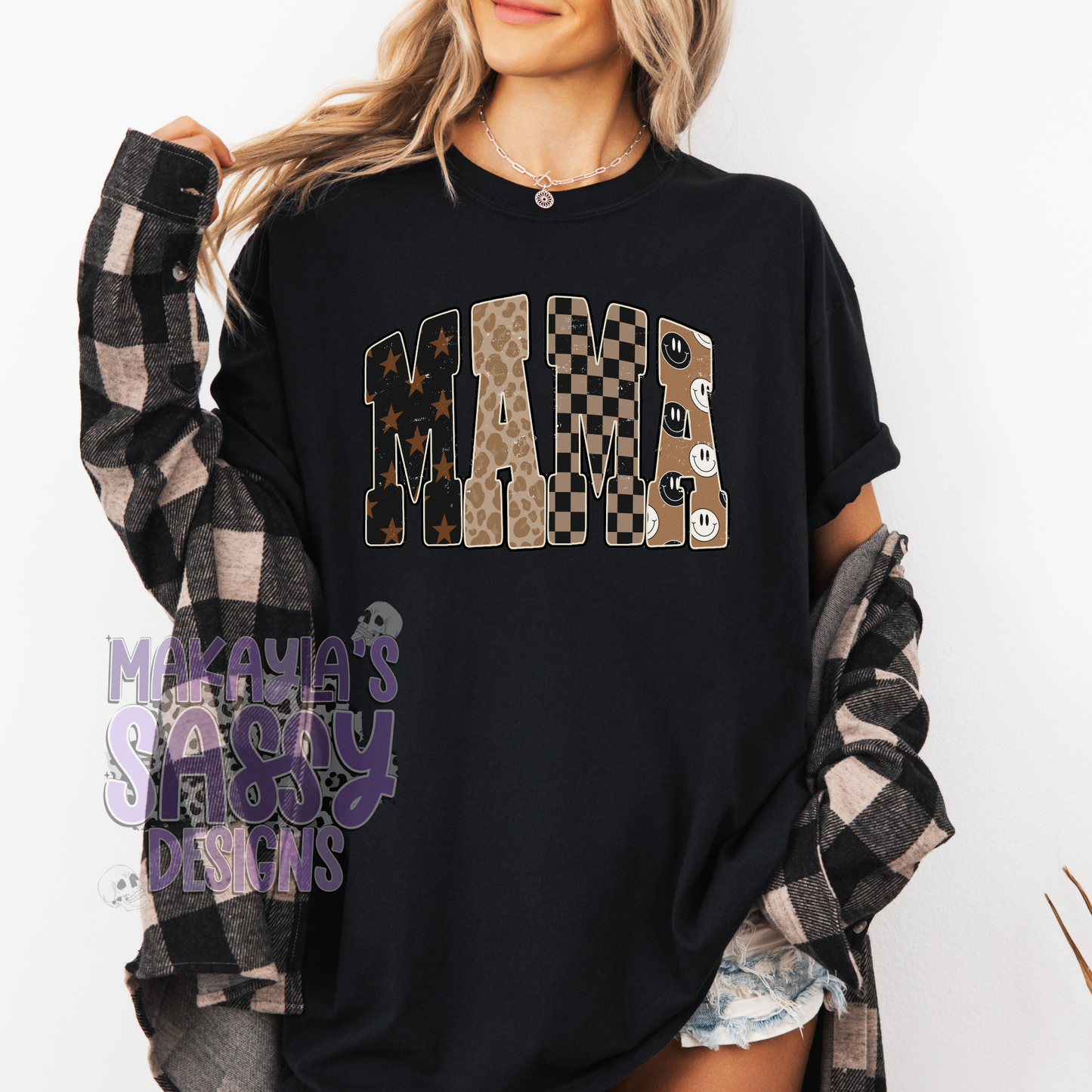 Trendy MAMA Brown Checkered Tshirt
